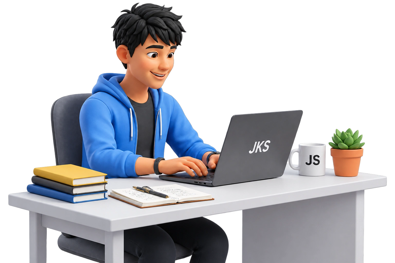 3D illustration of a JKS Learning candidate practicing an AI mock interview on a laptop